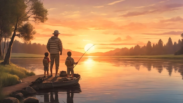 Foto un momento di legame tra padre e figlio che pescano in un fiume tranquillo mentre il sole tramonta sullo sfondo illu