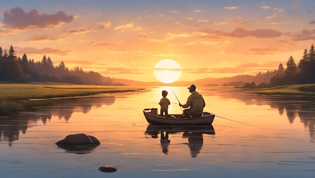 A father and son bonding moment fishing in a tranquil river as the sun sets in the background illu