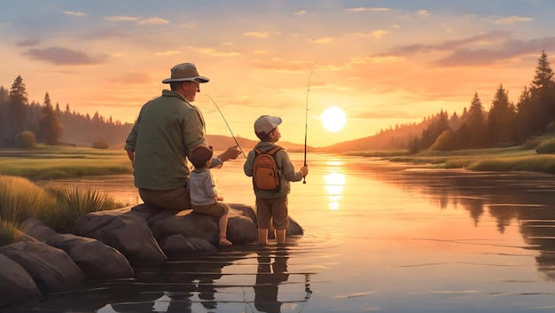 A father and son bonding moment fishing in a tranquil river as the sun sets in the background illu