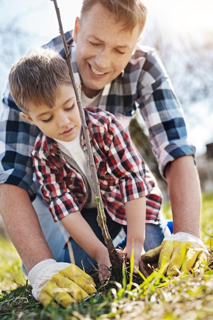 Father and son both wearing plaid shirts standing on their knees and planting an apple tree