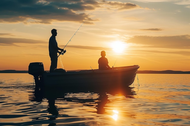 father and son catch fish from a boat at sunset