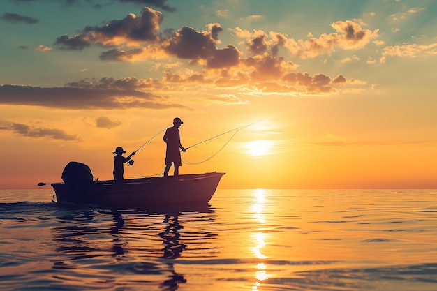 father and son catch fish from a boat at sunset