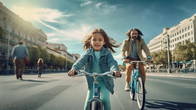 Father and son cycling in city