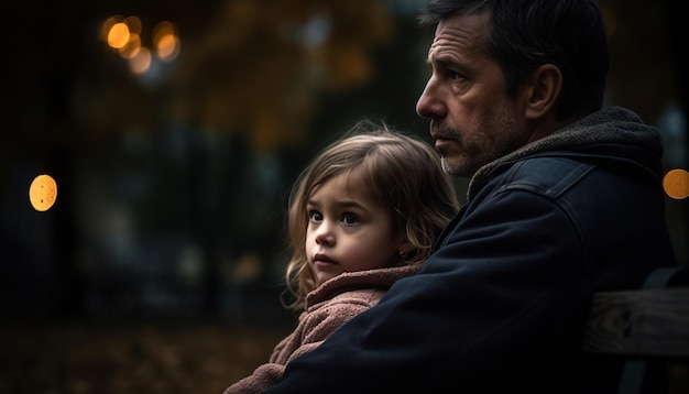 Foto padre e figlio si abbracciano nella foresta autunnale generata dall'intelligenza artificiale