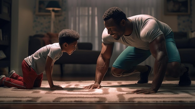 Father and son engage in a home exercise routine emphasizing the importance of family health and physical wellbeing