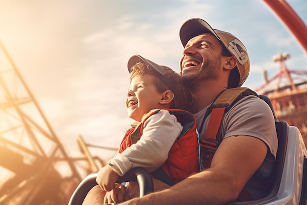 Father and son enjoying a day at the amusement Generative ai