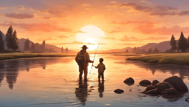 A father and son enjoying a fishing trip the sun setting in the background of a peaceful river