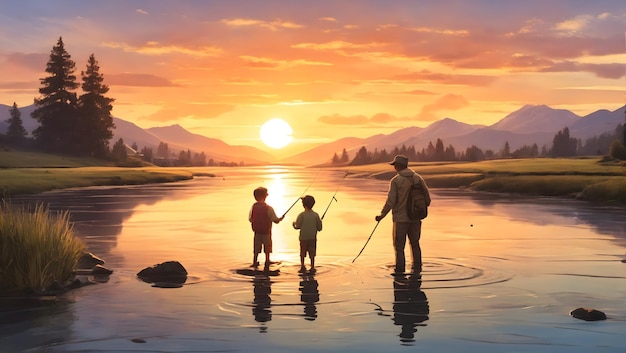 父と息子は静かな川の背景に日が沈む釣り旅行を楽しんでいます