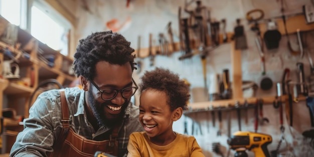 Father and son enjoying a heartwarming moment in a woodworking workshop