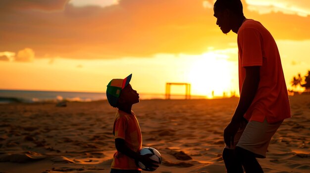 아버지 와 아들 이 해 가 지는 때 해변 에서 축구 를 즐기고 있다