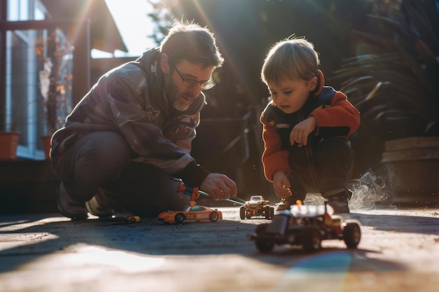 Photo father and son enjoying their quality time by playing with car toys