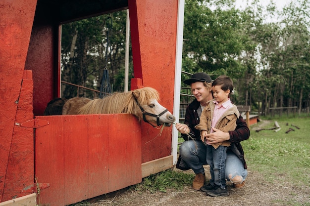 Father and son feeding pony by grass family taking care of animal in farm zoo smiling enjoying posin