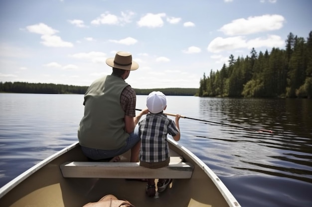 father and son fishing on a boat rear view