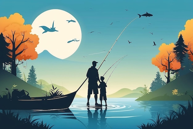 Father and son fishing Happy father s day card Paper cut style Vector illustration