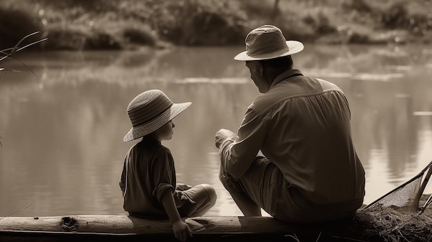 Father and son fishing on a lake grandpa grandfather mountain fish river bonding Generative AI