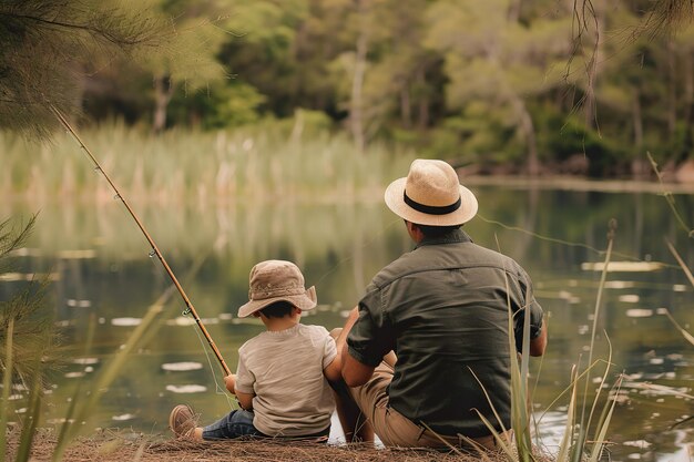 Photo father and son fishing on a lake or river