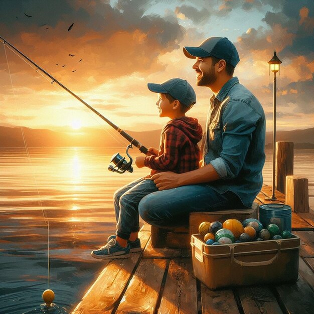 Photo a father and son fishing on a pier at sunset