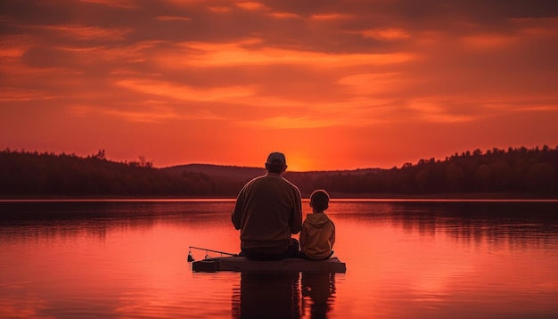 Отец и сын ловят рыбу под закатом, созданным ИИ
