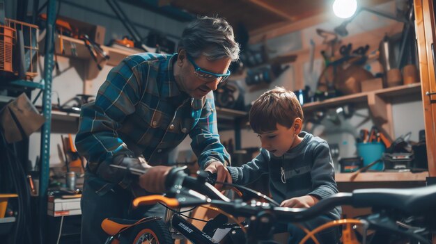 父と息子がガレージで一緒に自転車を修理しています二人ともカジュアルな服と安全メガネを着ています