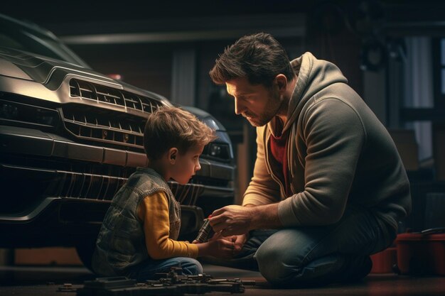 Photo father and son fixing a car together in the generative ai