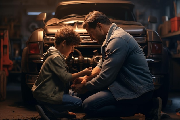 Father and son fixing a car together in the Generative ai