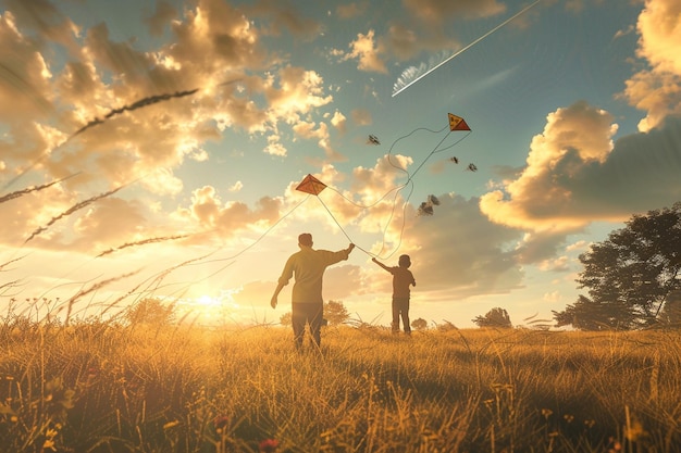 Father and son flying a kite in a field