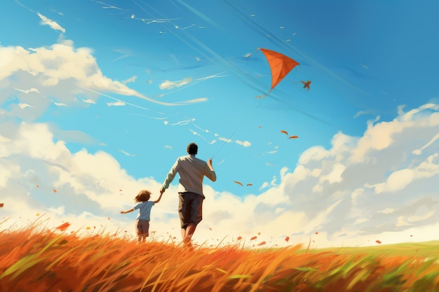 Photo a father and son happily fly a kite in a scenic field embracing the joy of spending quality time together father and children flying kites on a windy day ai generated