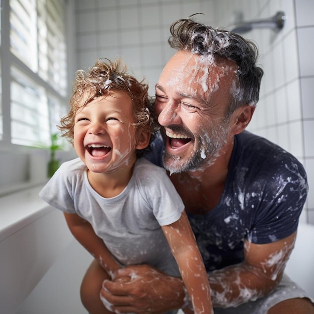 Foto padre e figlio che si divertono in un bagno