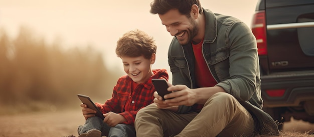 Father and son having fun while using mobile phone outdoors