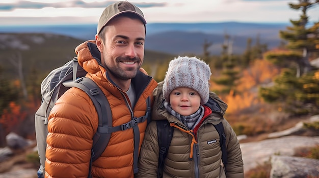 Father and son hiking in the mountains it autumnCreated with Generative AI technology