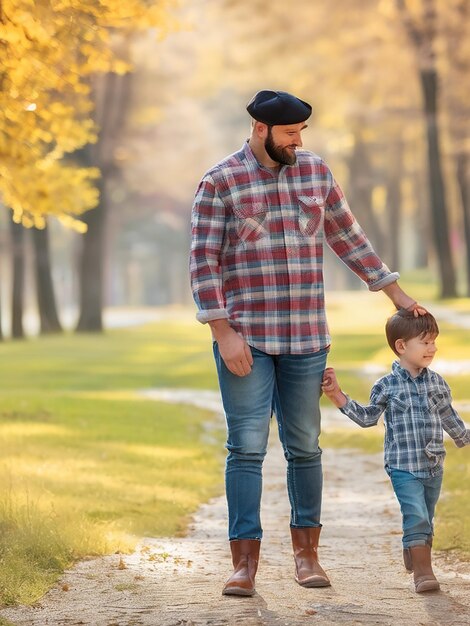 Photo a father and son holding hands both wearing plaid