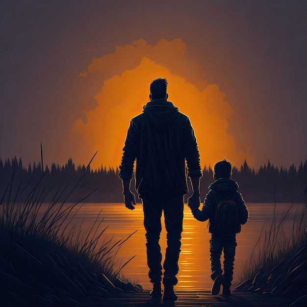 a father and son holding hands in front of a sunset Generative AI