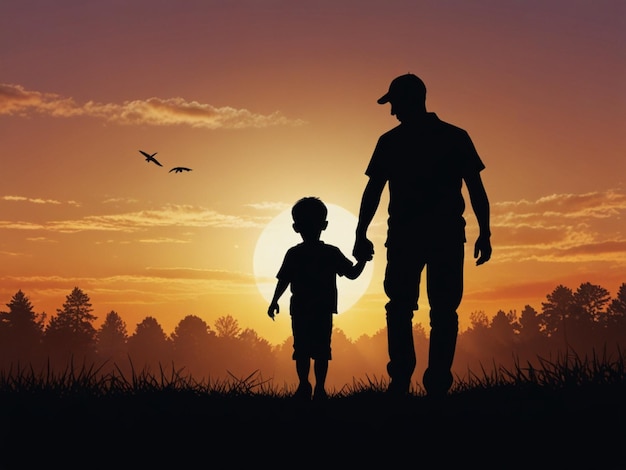 Photo a father and son holding hands and a sunset in the background