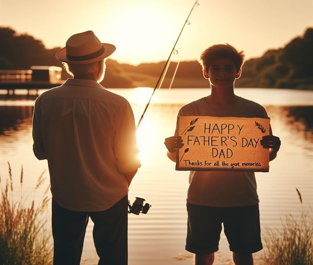 Foto un padre e un figlio che tengono un cartello che dice il giorno dei padri