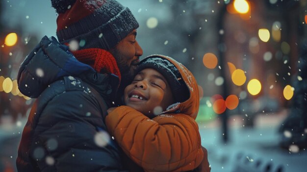 a father and son hug in the snow