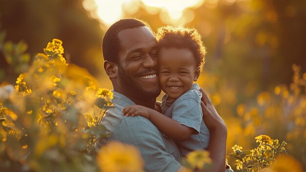 Father and son hugging in the park at sunset Happy family