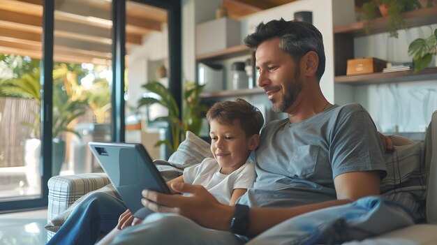 Father and Son Intently Studying Security Recordings on State of the Art Display in Contemporary Ope