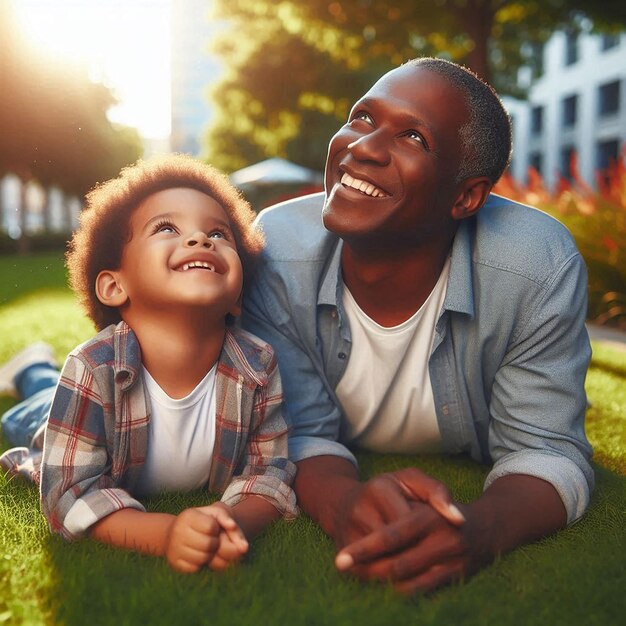 A father and son laying on the grass