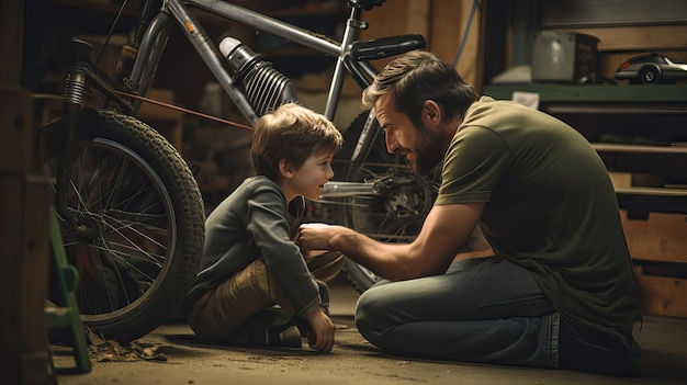 a father and son looking at a bicycle in a garage.