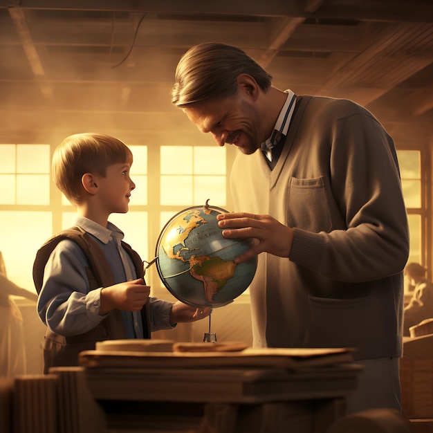 地球儀を持った男性と地球儀を見ている父と息子 世界教師の日のコンセプト