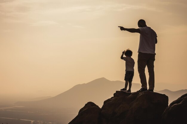 Father and son looking at sunrise on the peak of mountain family travel concept