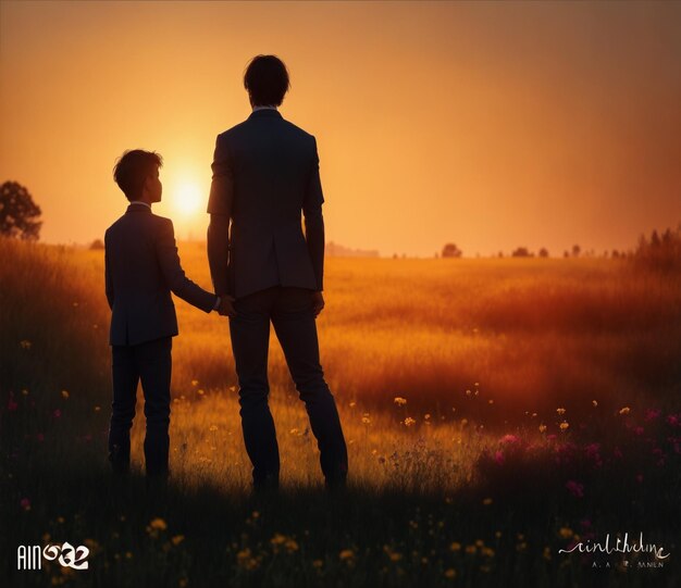 Photo father and son looking at the sunset