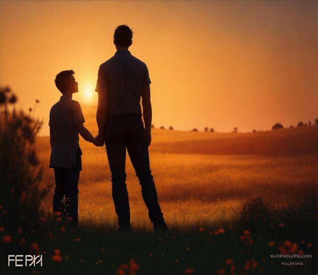 Photo father and son looking at the sunset