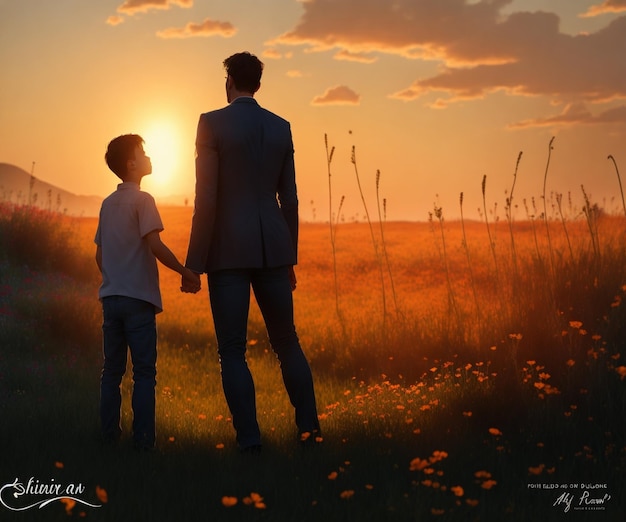 Photo father and son looking at the sunset