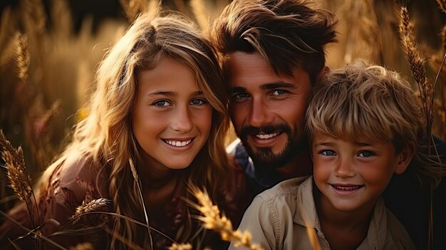 Photo father and son mother happy family playing and taking pictures together in nature