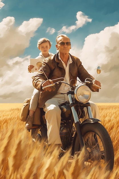 Photo father and son on a motorcycle in a wheat field ai generated