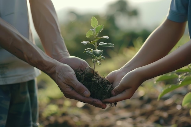 Photo father and son plant tree for world environment day