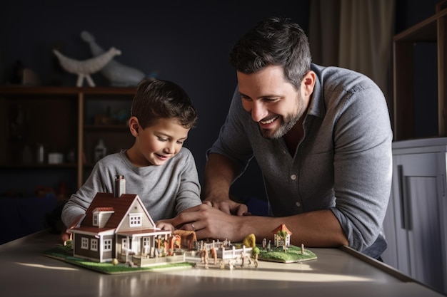 A father and son play with a model house