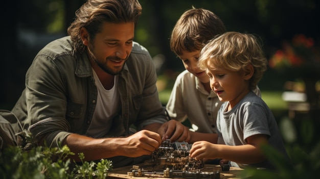 Father and son playing and making something in garden Concept of friendly family