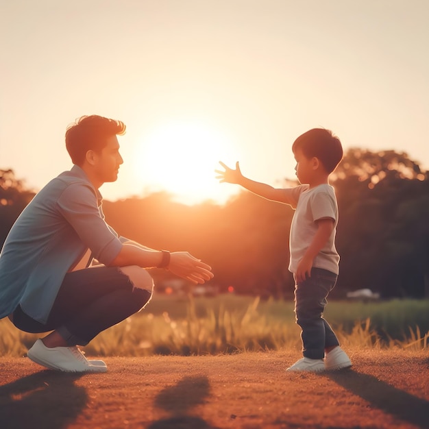 Foto padre e figlio che giocano nel parco al tramonto